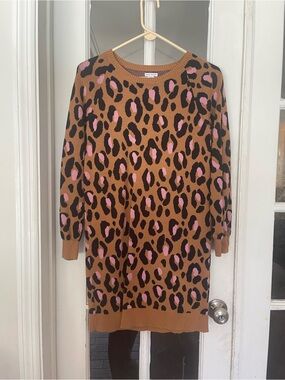 Amazon Essentials Camel, Black, and Pink Leopard Knit Dress